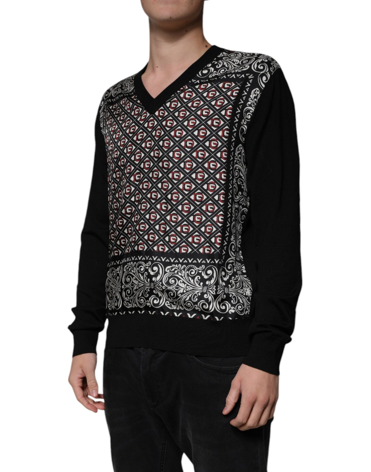 Dolce &amp; Gabbana Black Logo Wool V-neck Pullover Sweater