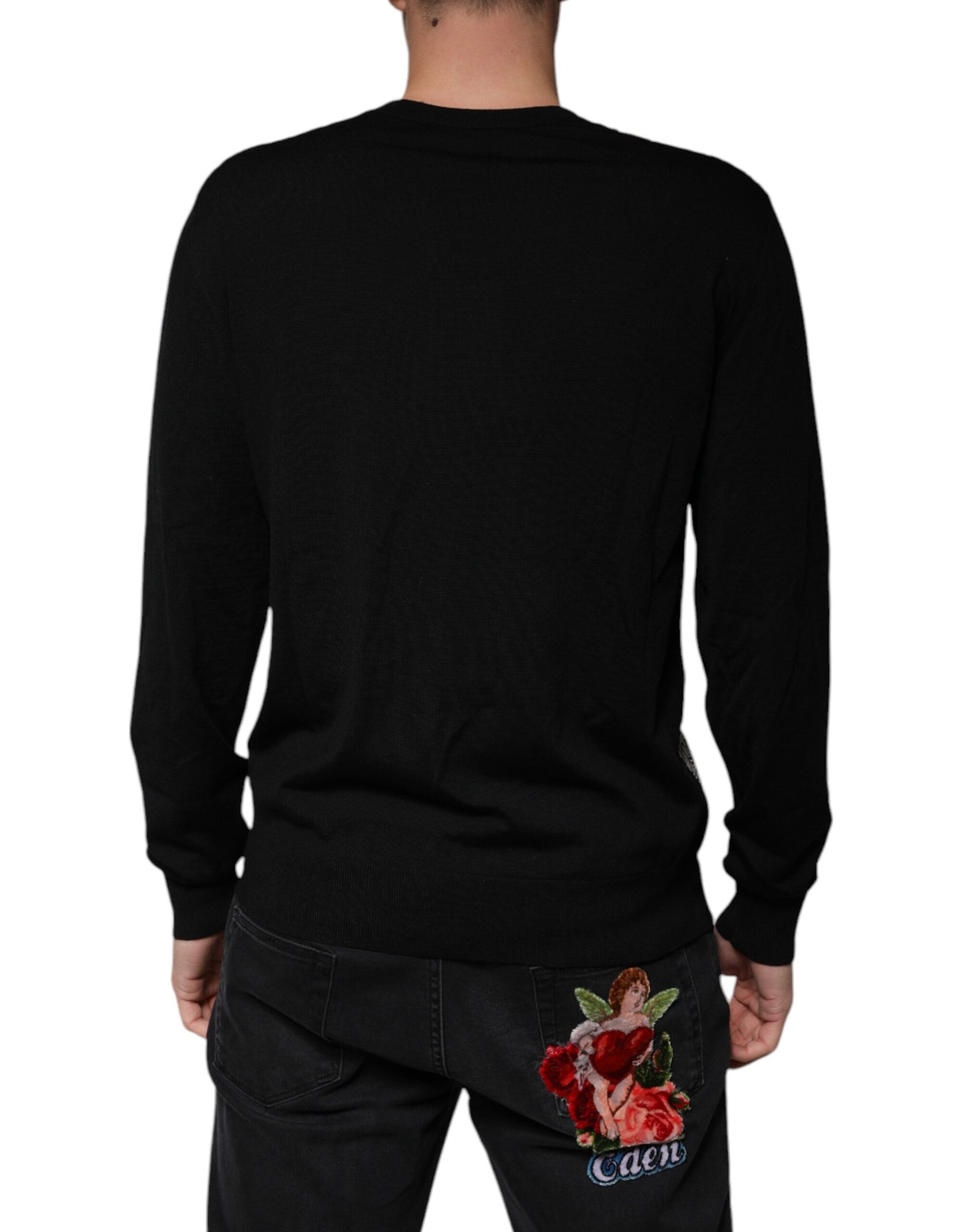 Dolce &amp; Gabbana Black Logo Wool V-neck Pullover Sweater