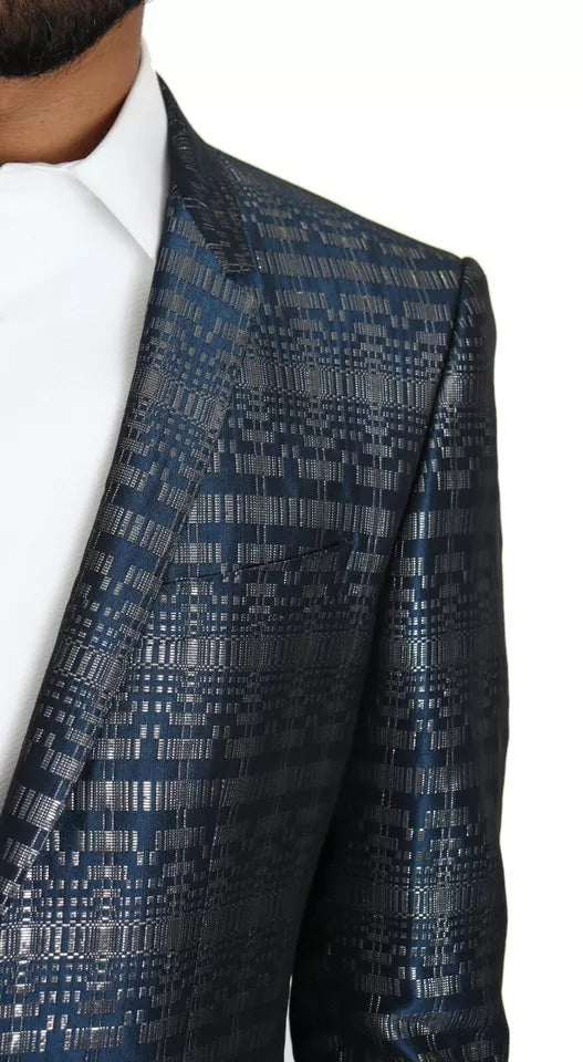 Dolce &amp; Gabbana Blue Silver Shiny 2 Piece Slim GOLD Suit