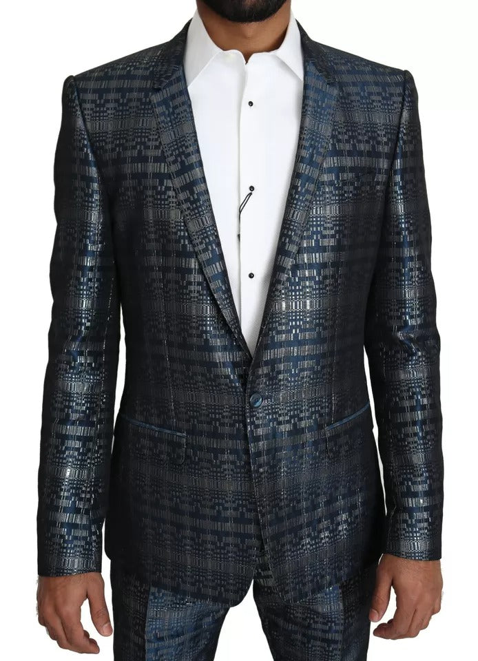 Dolce &amp; Gabbana Blue Silver Shiny 2 Piece Slim GOLD Suit