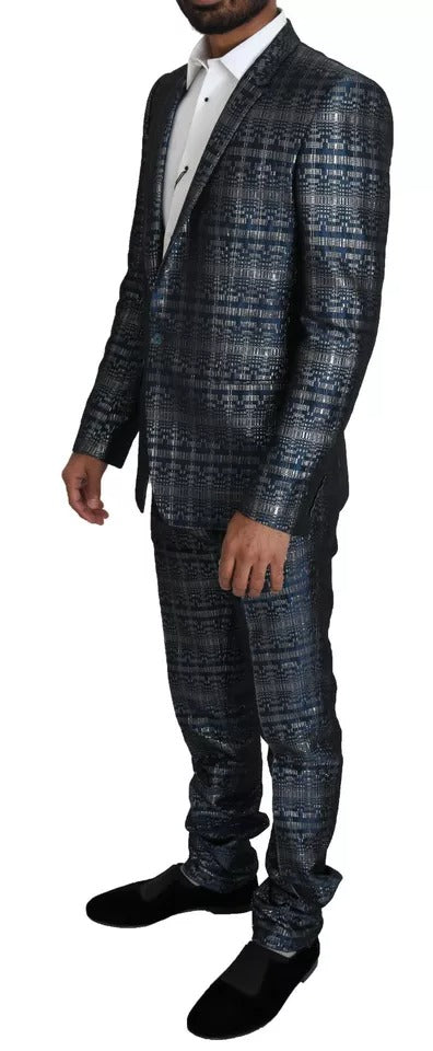 Dolce &amp; Gabbana Blue Silver Shiny 2 Piece Slim GOLD Suit
