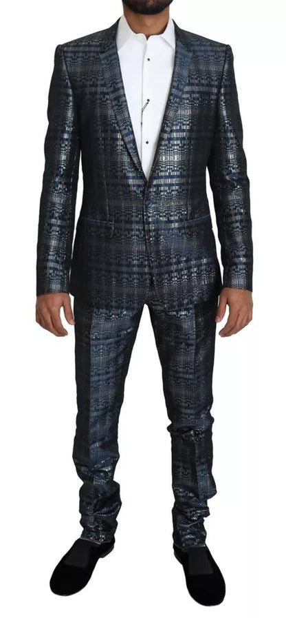 Dolce &amp; Gabbana Blue Silver Shiny 2 Piece Slim GOLD Suit