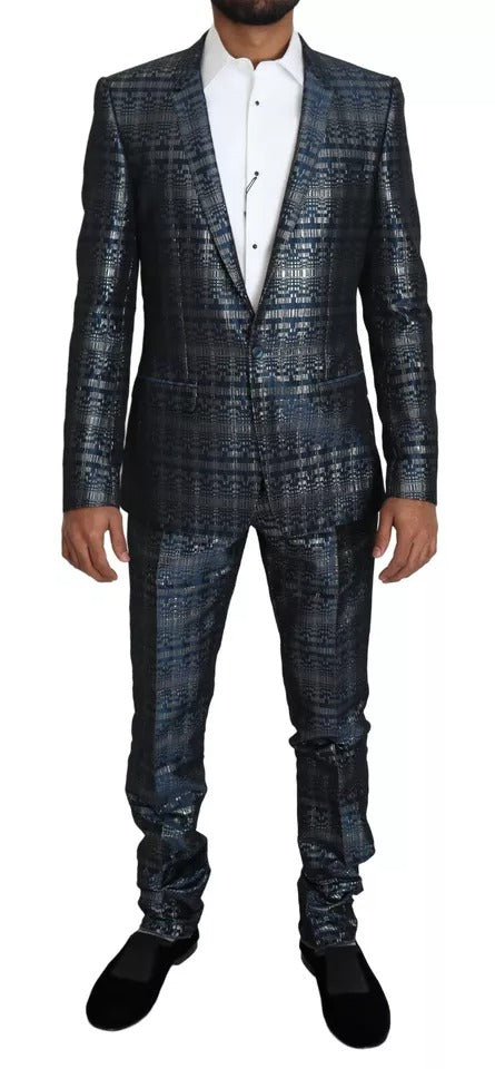 Dolce &amp; Gabbana Blue Silver Shiny 2 Piece Slim GOLD Suit