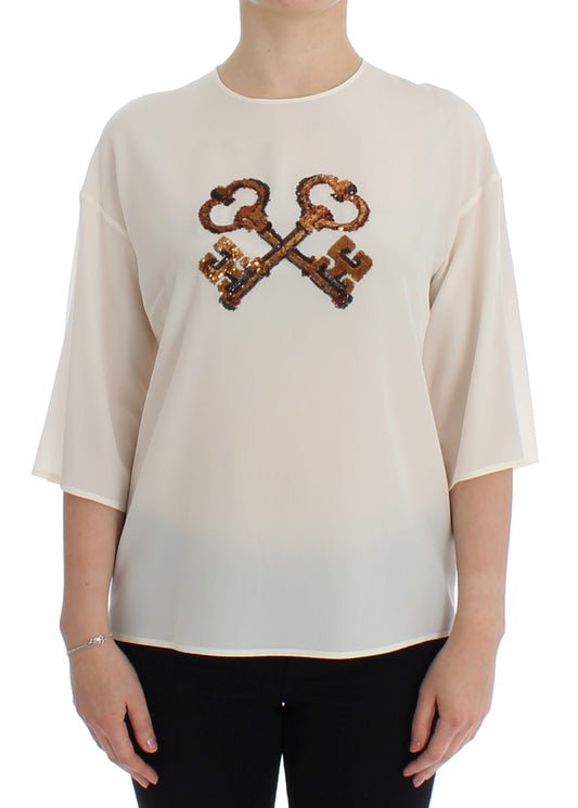 Dolce &amp; Gabbana – Weiße Seidenbluse mit Pailletten und Schlüsseldesign, T-Shirt-Oberteil