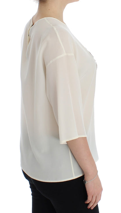 Dolce &amp; Gabbana – Weiße Seidenbluse mit Pailletten und Schlüsseldesign, T-Shirt-Oberteil