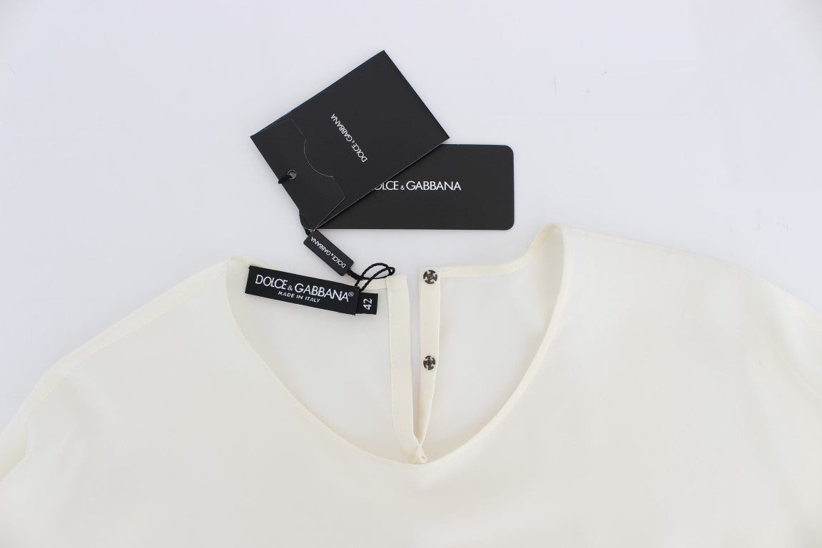 Dolce &amp; Gabbana – Weiße Seidenbluse mit Pailletten und Schlüsseldesign, T-Shirt-Oberteil