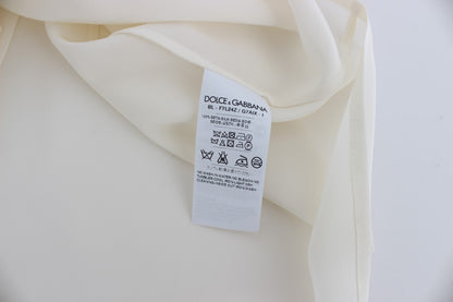 Dolce &amp; Gabbana – Weiße Seidenbluse mit Pailletten und Schlüsseldesign, T-Shirt-Oberteil