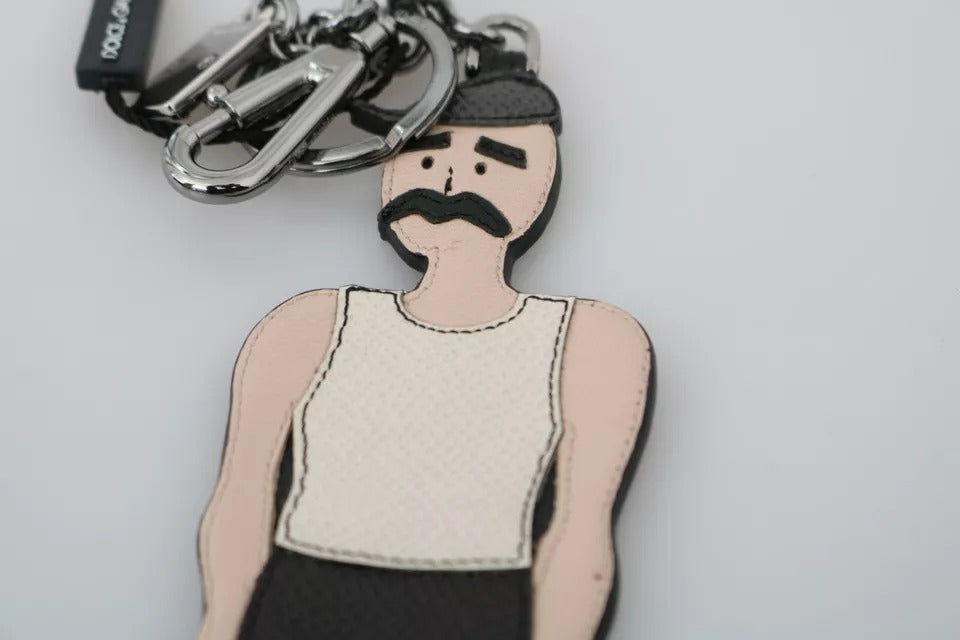 Dolce &amp; Gabbana Black Leather Fisherman Logo Badge Keyring Keychain
