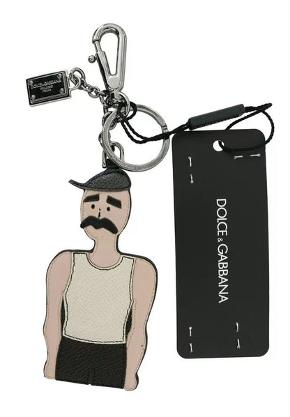 Dolce &amp; Gabbana Black Leather Fisherman Logo Badge Keyring Keychain