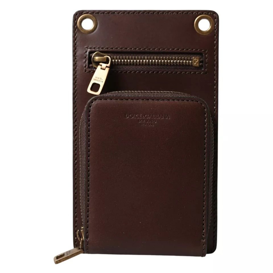 Dolce &amp; Gabbana Brown Calf Leather Zip Logo Shoulder Neck Strap Wallet