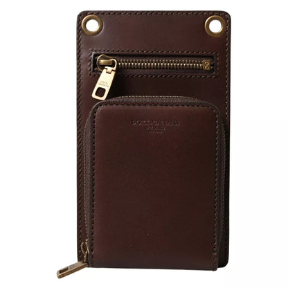 Dolce &amp; Gabbana Brown Calf Leather Zip Logo Shoulder Neck Strap Wallet