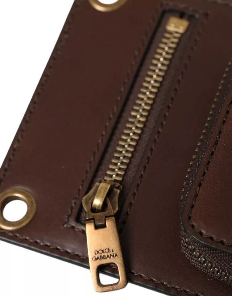 Dolce &amp; Gabbana Brown Calf Leather Zip Logo Shoulder Neck Strap Wallet