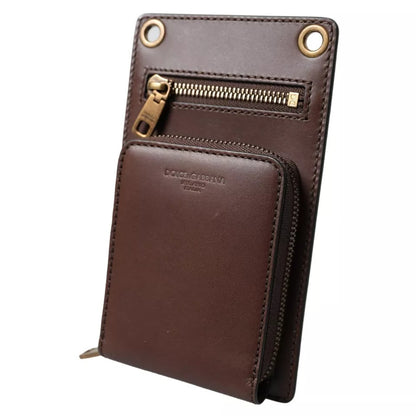 Dolce &amp; Gabbana Brown Calf Leather Zip Logo Shoulder Neck Strap Wallet