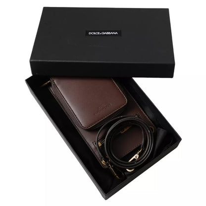 Dolce &amp; Gabbana Brown Calf Leather Zip Logo Shoulder Neck Strap Wallet