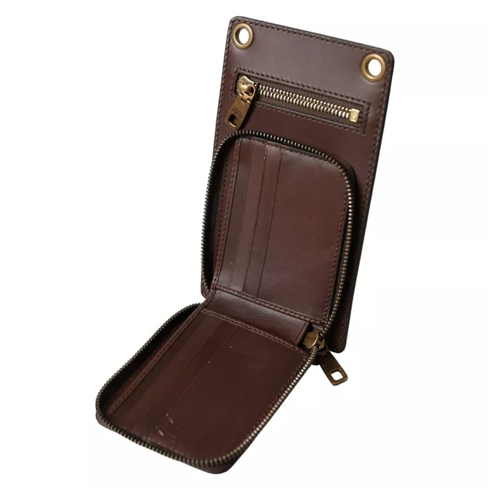 Dolce &amp; Gabbana Brown Calf Leather Zip Logo Shoulder Neck Strap Wallet