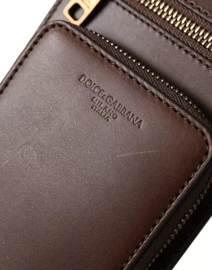 Dolce &amp; Gabbana Brown Calf Leather Zip Logo Shoulder Neck Strap Wallet