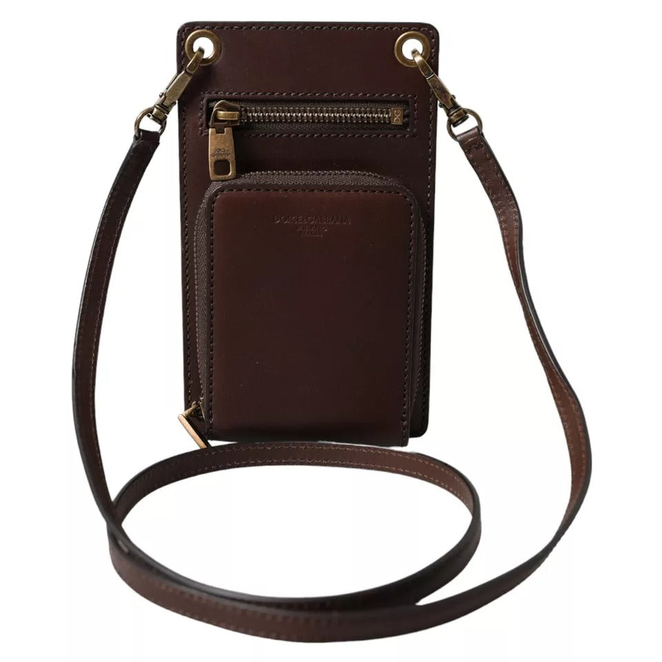 Dolce &amp; Gabbana Brown Calf Leather Zip Logo Shoulder Neck Strap Wallet