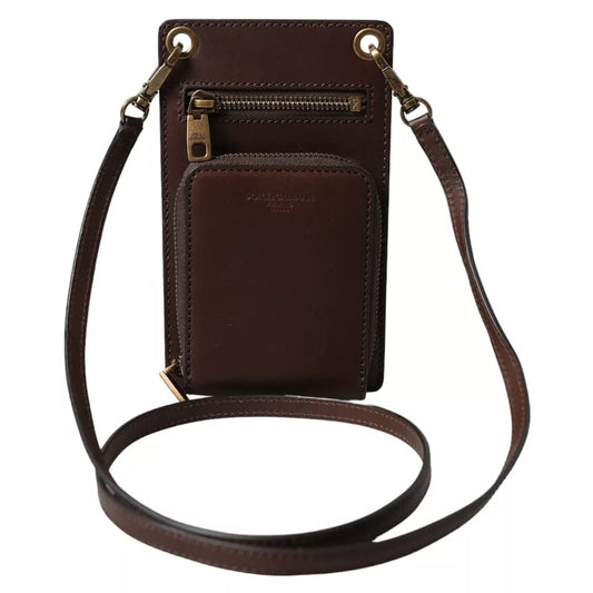 Dolce &amp; Gabbana Brown Calf Leather Zip Logo Shoulder Neck Strap Wallet