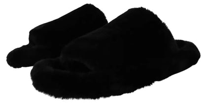 Dolce &amp; Gabbana Schwarze Polyester Kunstpelz Herren Flache Sandalen Schuhe