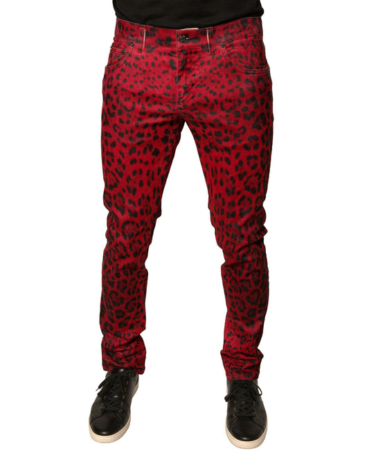Dolce &amp; Gabbana Red Leopard Cotton Stretch Skinny Denim Jeans