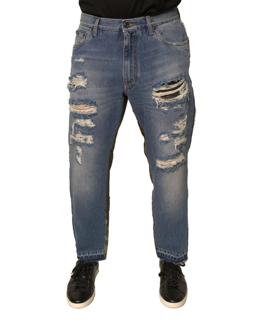 Dolce &amp; Gabbana Blue Tattered Straight Cropped Denim Jeans