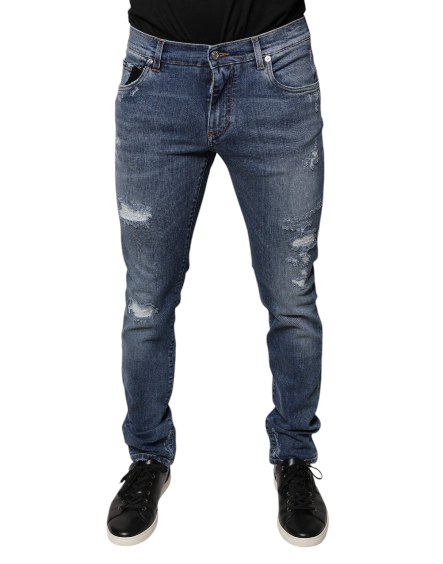 Dolce &amp; Gabbana Blue Tattered Cotton Stretch Skinny Denim Jeans