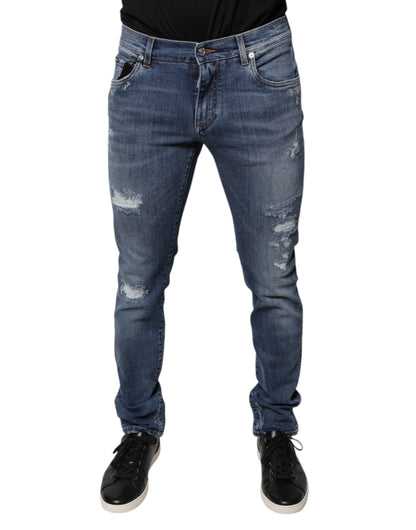 Dolce &amp; Gabbana Blue Tattered Cotton Stretch Skinny Denim Jeans