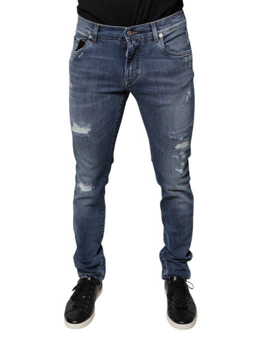 Dolce &amp; Gabbana Blue Tattered Cotton Stretch Skinny Denim Jeans