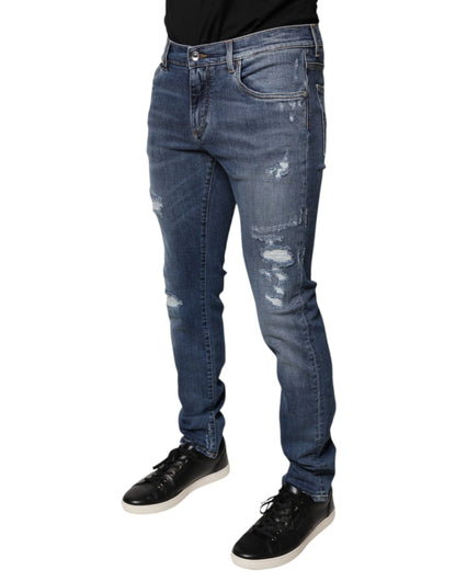 Dolce &amp; Gabbana Blue Tattered Cotton Stretch Skinny Denim Jeans