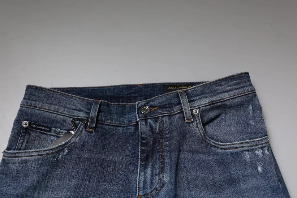 Dolce &amp; Gabbana Blue Tattered Cotton Stretch Skinny Denim Jeans