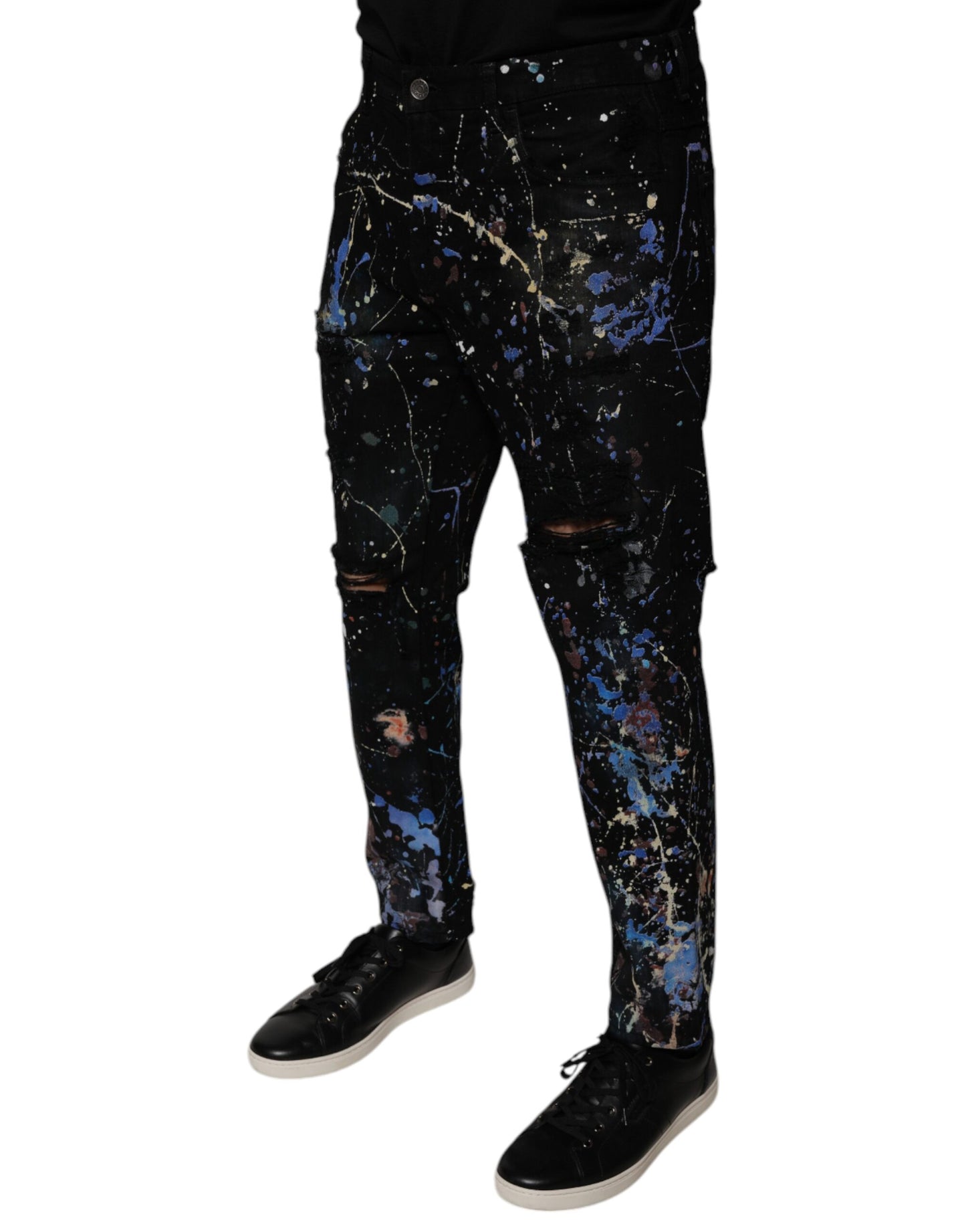 Dolce &amp; Gabbana Black Color Splash Cotton Skinny Denim Jeans