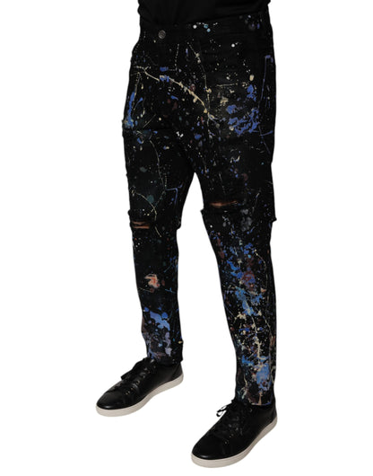 Dolce &amp; Gabbana Black Color Splash Cotton Skinny Denim Jeans