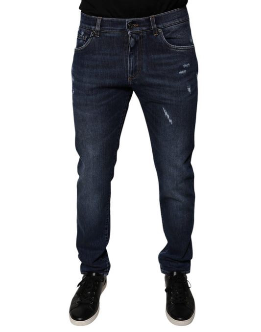 Dolce &amp; Gabbana Dark Blue Cotton Logo Skinny Denim Jeans