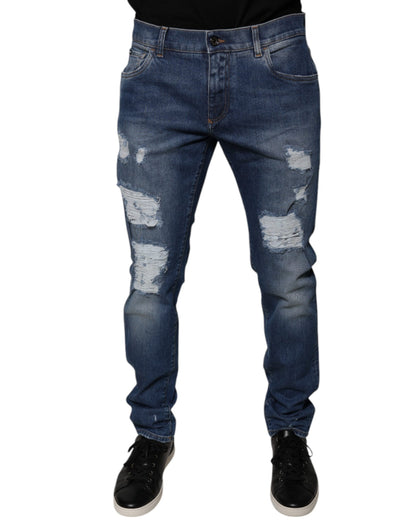 Dolce &amp; Gabbana Blue Cotton Tattered Skinny Denim Jeans