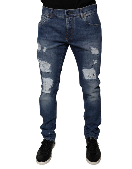Dolce &amp; Gabbana Blue Cotton Tattered Skinny Denim Jeans