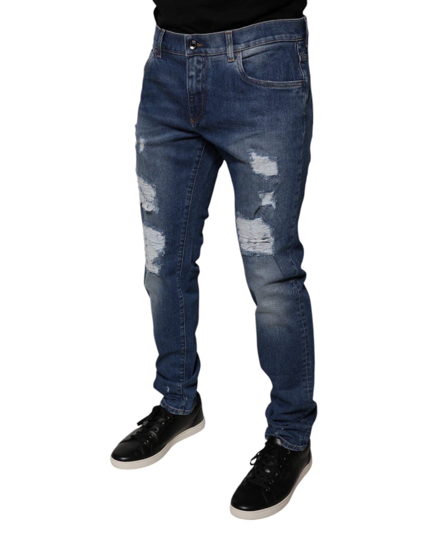 Dolce &amp; Gabbana Blue Cotton Tattered Skinny Denim Jeans