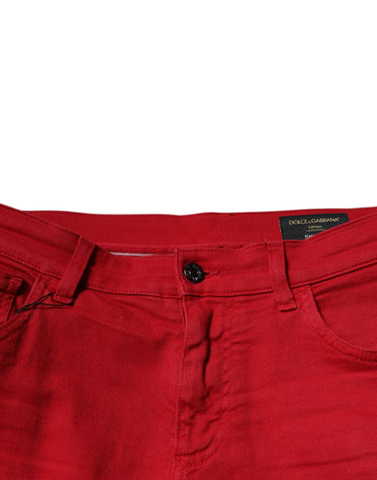Dolce &amp; Gabbana Red Crown Logo Cotton Skinny Denim Jeans