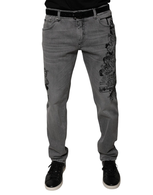 Dolce &amp; Gabbana Gray Graphic Print Cotton Skinny Denim Jeans