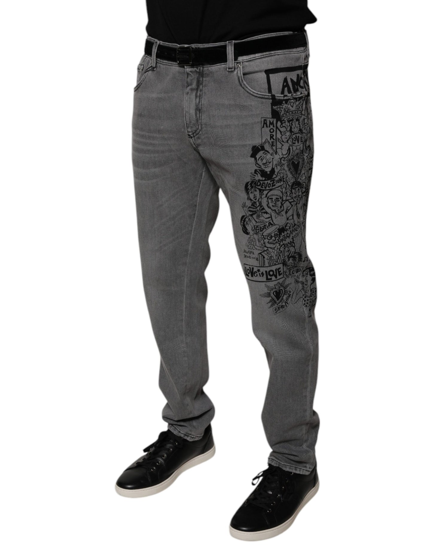 Dolce &amp; Gabbana Gray Graphic Print Cotton Skinny Denim Jeans