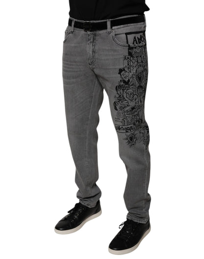 Dolce &amp; Gabbana Gray Graphic Print Cotton Skinny Denim Jeans