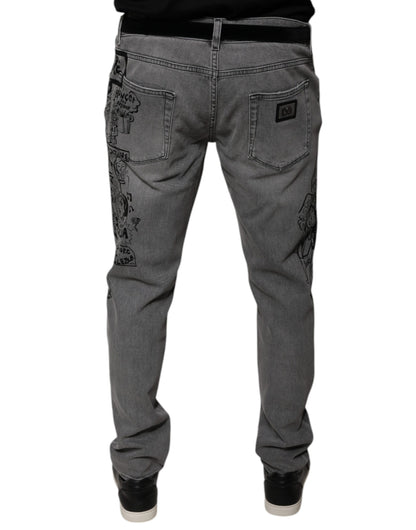 Dolce &amp; Gabbana Gray Graphic Print Cotton Skinny Denim Jeans