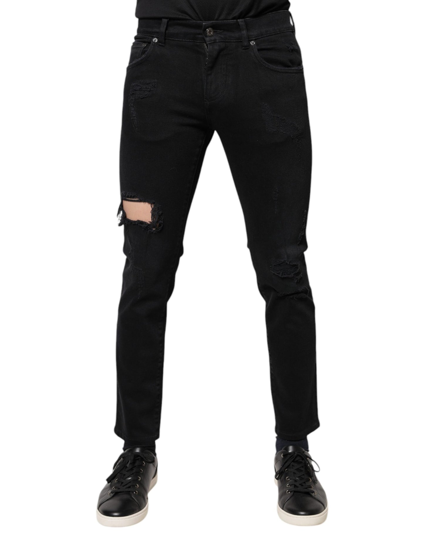 Dolce &amp; Gabbana Black Cotton Tattered Skinny Denim Logo Jeans