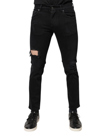 Dolce &amp; Gabbana Black Cotton Tattered Skinny Denim Logo Jeans