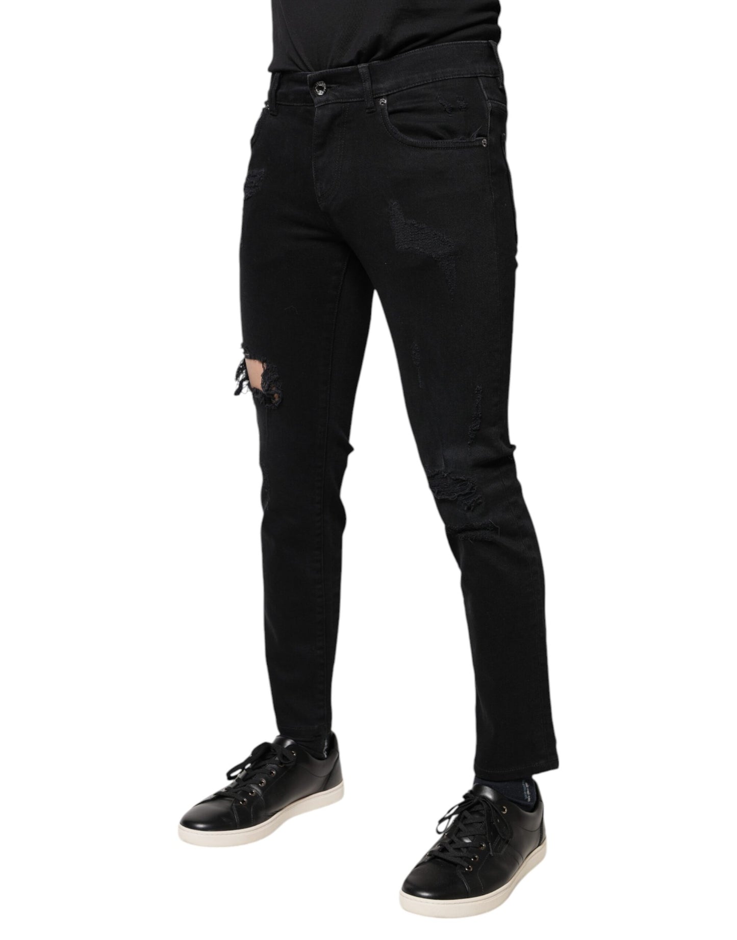 Dolce &amp; Gabbana Black Cotton Tattered Skinny Denim Logo Jeans