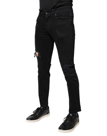 Dolce &amp; Gabbana Black Cotton Tattered Skinny Denim Logo Jeans