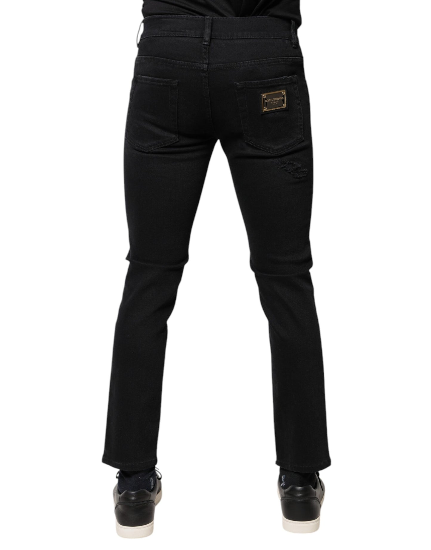Dolce &amp; Gabbana Black Cotton Tattered Skinny Denim Logo Jeans