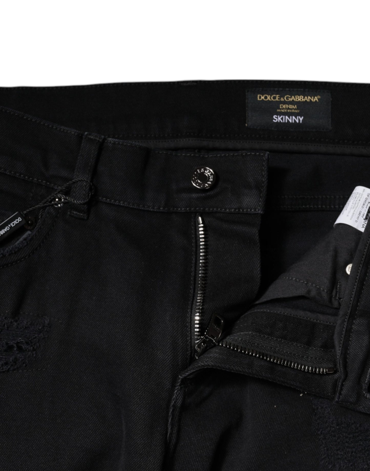 Dolce &amp; Gabbana Black Cotton Tattered Skinny Denim Logo Jeans