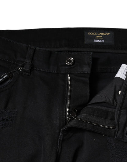 Dolce &amp; Gabbana Black Cotton Tattered Skinny Denim Logo Jeans