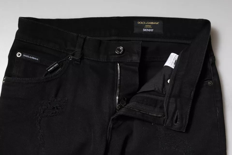 Dolce &amp; Gabbana Black Cotton Tattered Skinny Denim Logo Jeans