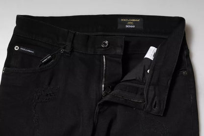 Dolce &amp; Gabbana Black Cotton Tattered Skinny Denim Logo Jeans
